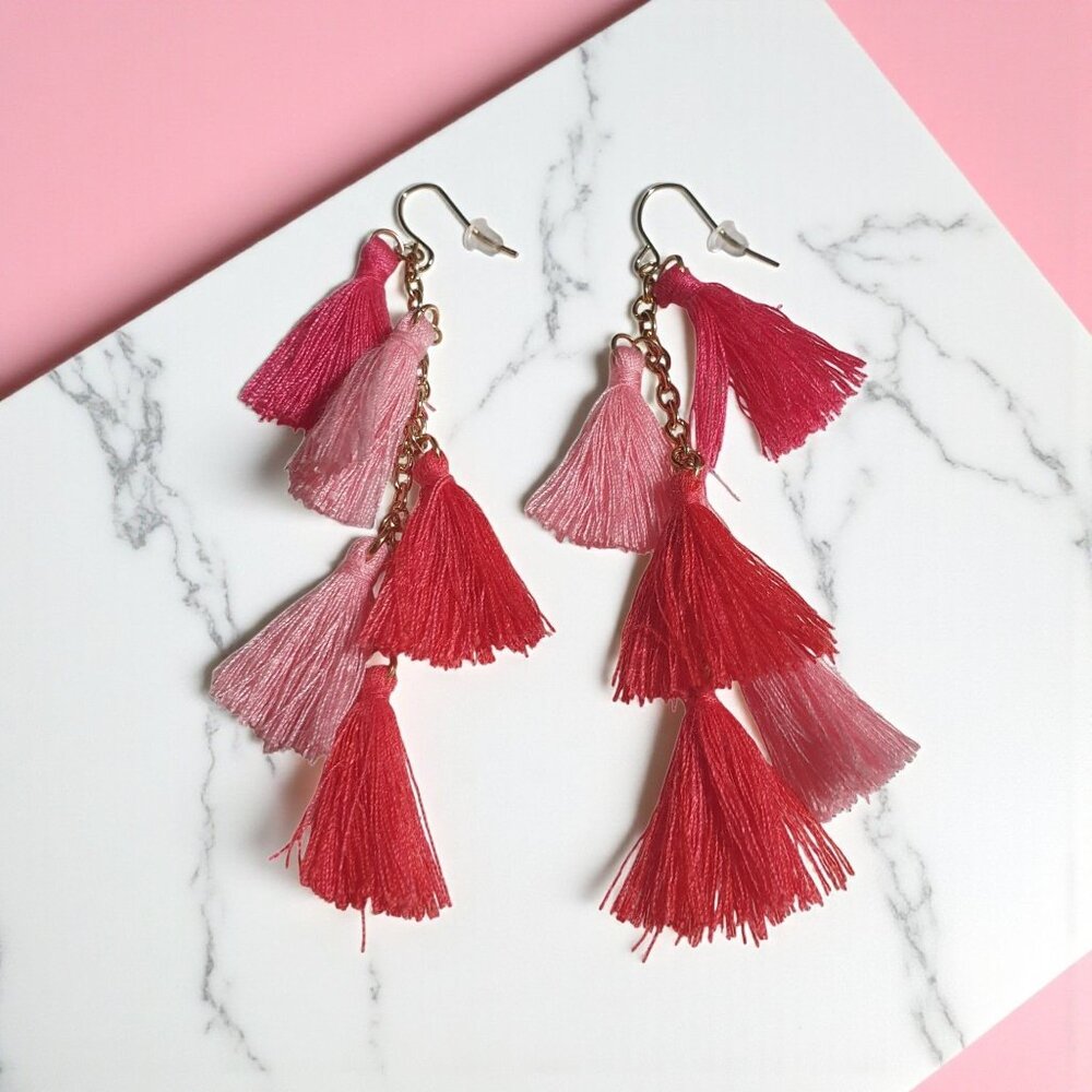 Pink Ombré Tassel Earrings Gold Tone Chain Dangle Hook Women Boho Chic Jewelry